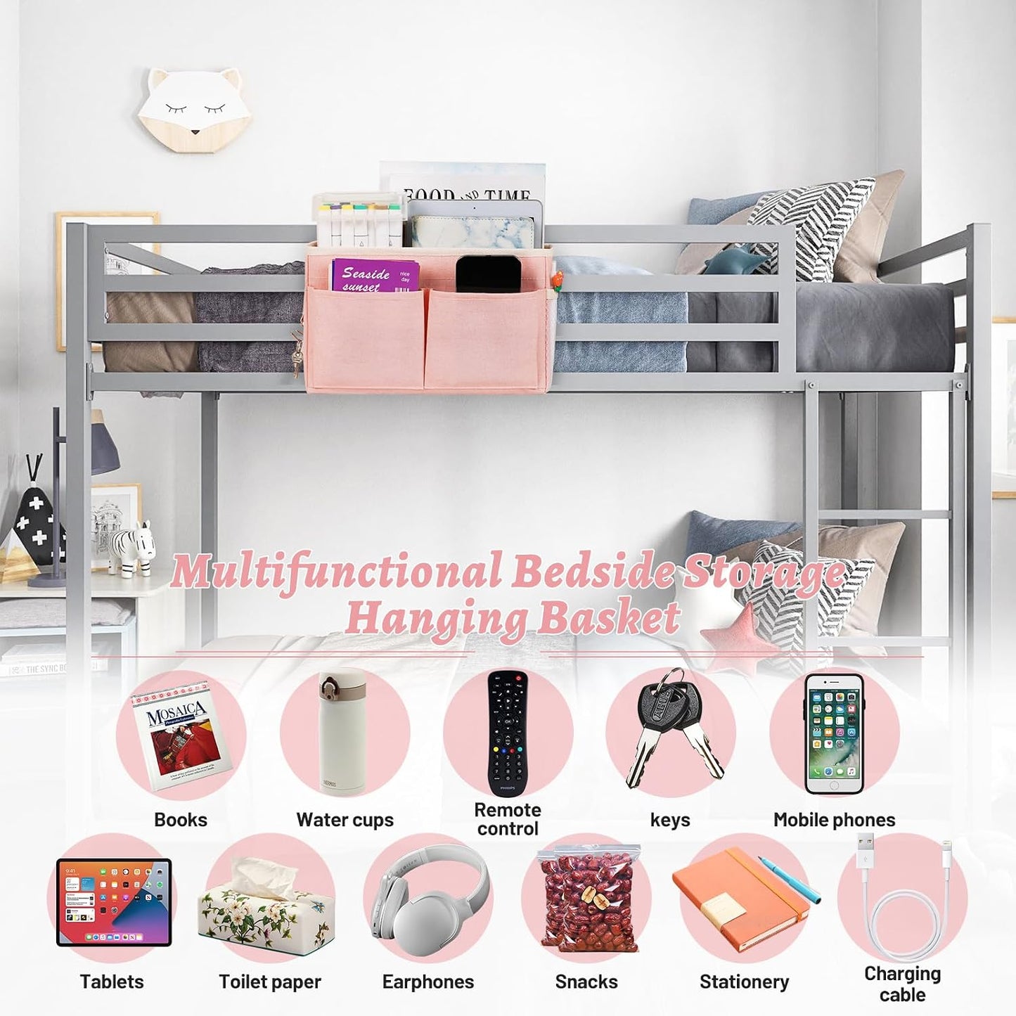 Bedside Caddy Storage with Water Bottle Holder for Bunk Bed Pink | Hanging Bedside Organizer for Hospital Bed Dorm Rooms