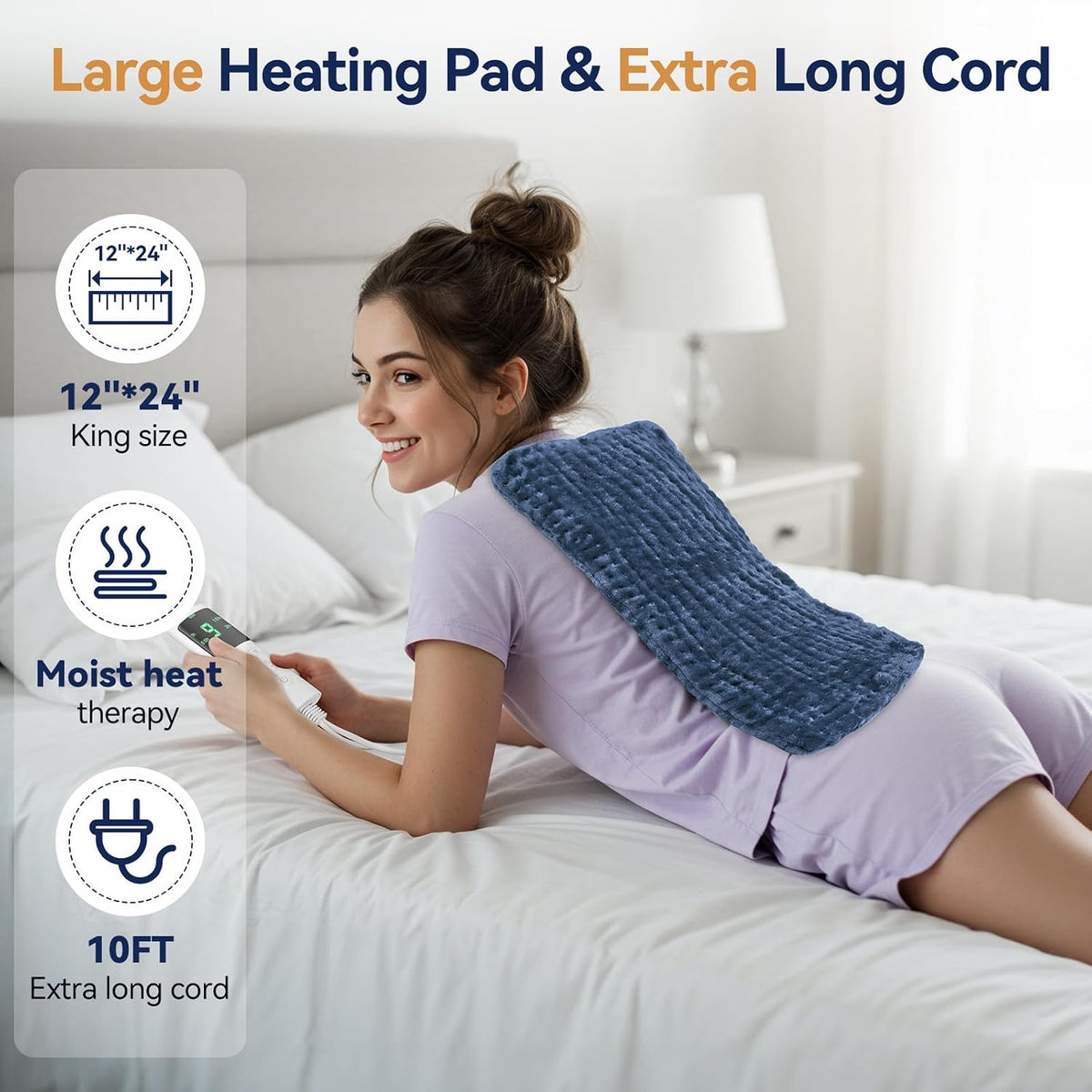 Heating Pad for Back, 17 x 33 in,9 Heat Settings,4 Timer, Gray