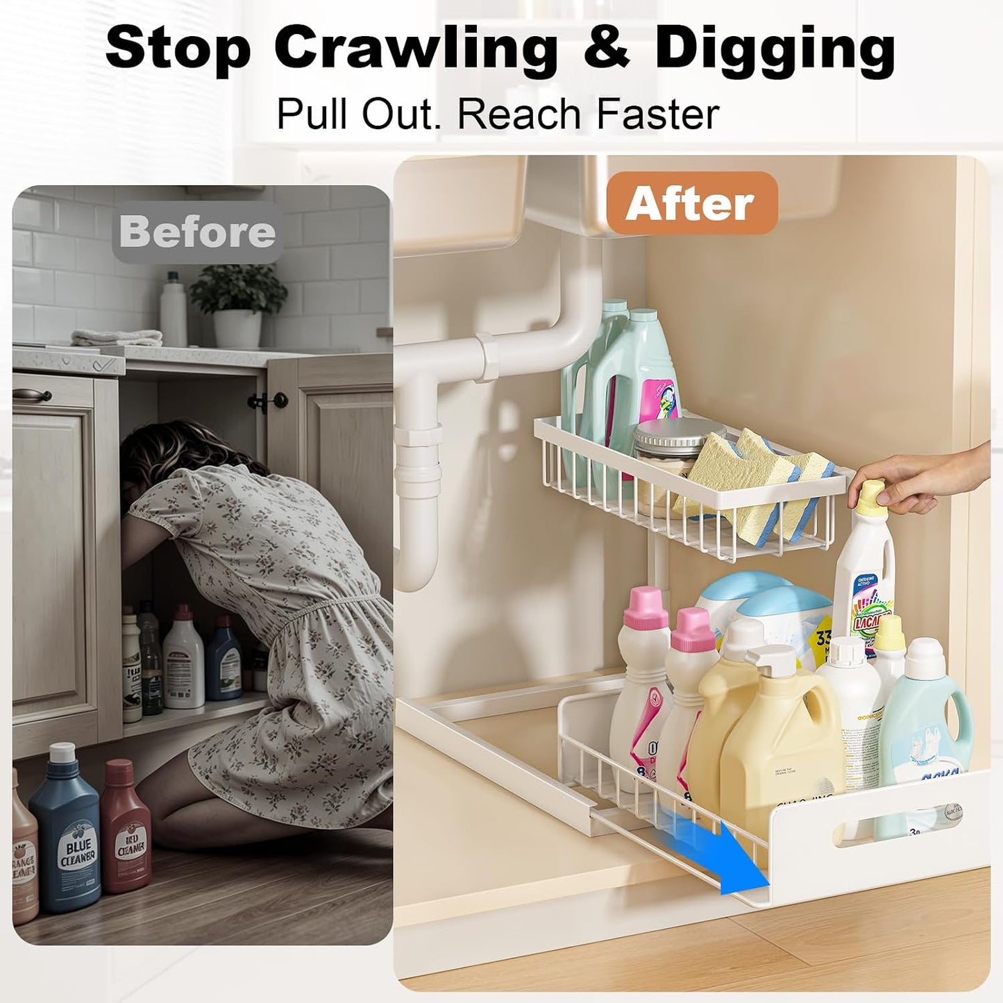 Under Sink Organizer, L-Shaped 2 Tier Pull Out Cabinet Organizer | Slide Out Sink Shelf Cabinet Storage Shelves, Under Sink Storage for Kitchen Bathroom Cabinet, White, 1 Pack