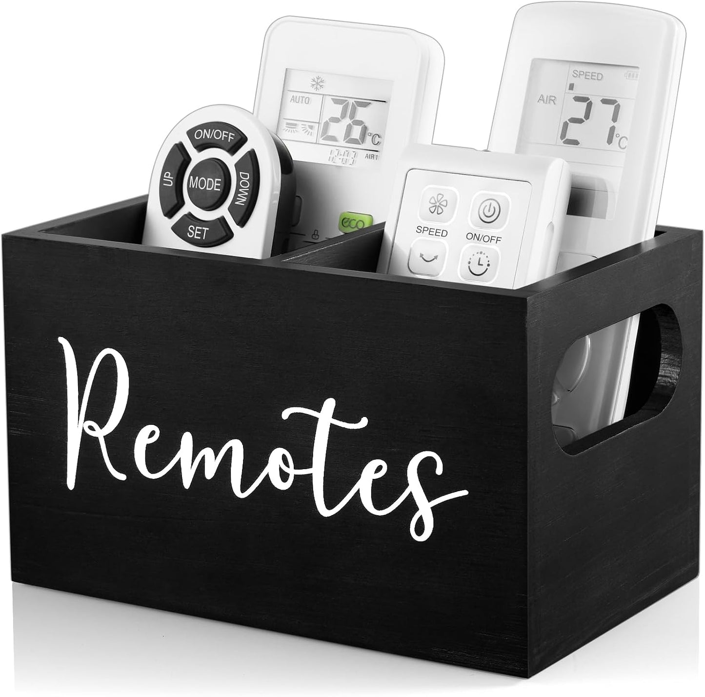 DRASTAR Remote Control Holder, Wood TV Remote Holder, Remote Storage Caddy, Remote Control Organizer (Black, 2 Slots)