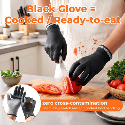 Dowellife A5 Cut Resistant – Rarely Need Wash, with Nitrile Outer Gloves, Red/Black Cuffs, 13-Gauge Flexible Kitchen Gloves for Mandoline & Oyster – 2 Pairs + 50 Outer. (Medium)