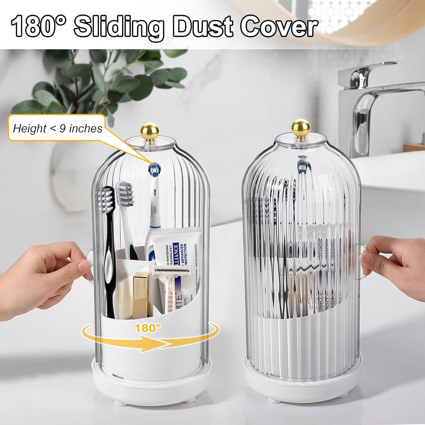 Toothbrush Holders with Cover Toothpaste Organizer for Bathroom, White | 360° Rotating, Dustproof Sliding Lid, Drainage Holes, Waterproof, for Kids Electric Toothbrush Makeup Brush Storage