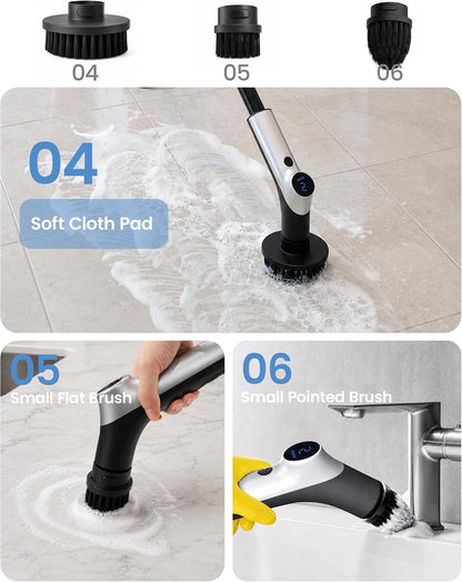 Electric Spin Scrubber, IPX7 Waterproof Shower Scrubber with 7 Brush Heads | 2.5N·m Torque Power Scrubber for Bathroom Grout Tile Bathtub Cleaning, Cordless with LED Display & Extendable Handle