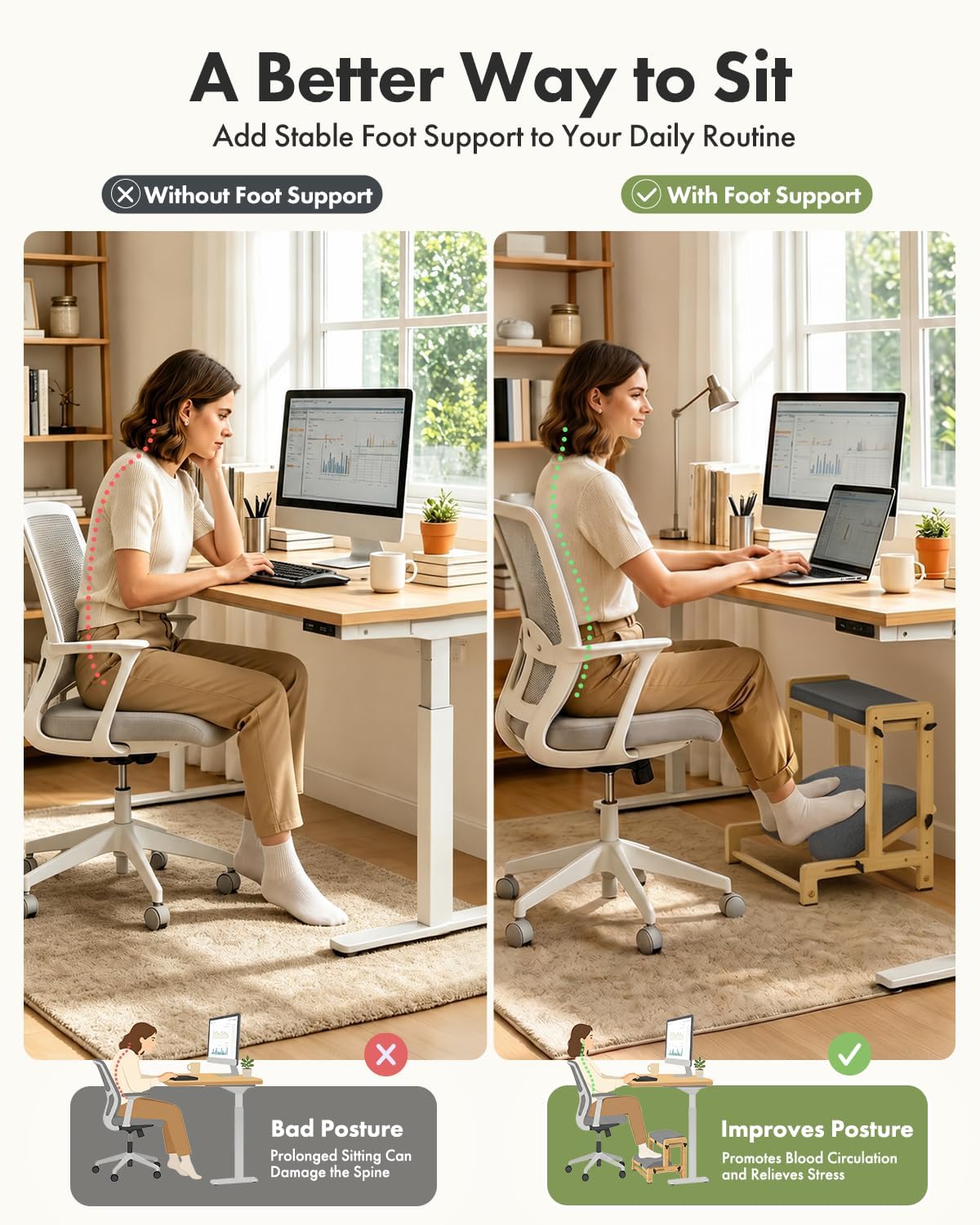 Amazer Bamboo Foot Rest for Under Desk at Work, 2-in-1 Reversible Rocking Footrest Adjustable Foot Stool, Ergonomic Footrest for Under Gaming Desk, Feet Support Leg Footstools for Home Office