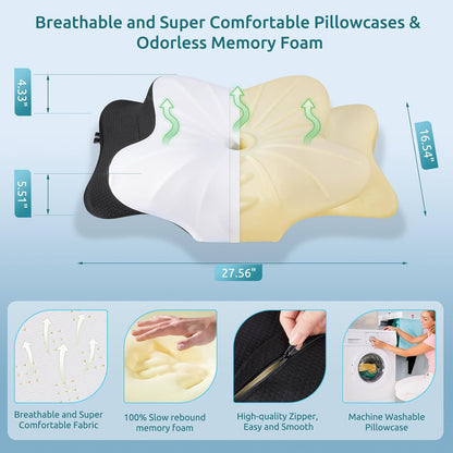 DONAMA Contour Cervical Neck Pillow for Neck Pain Relief | Queen,Ergonomic Dual-Height,Odorless Memory Foam,Side/Back/Stomach Sleepers,Cooling Hypoallergenic Cover,OEKO-TEX Certified