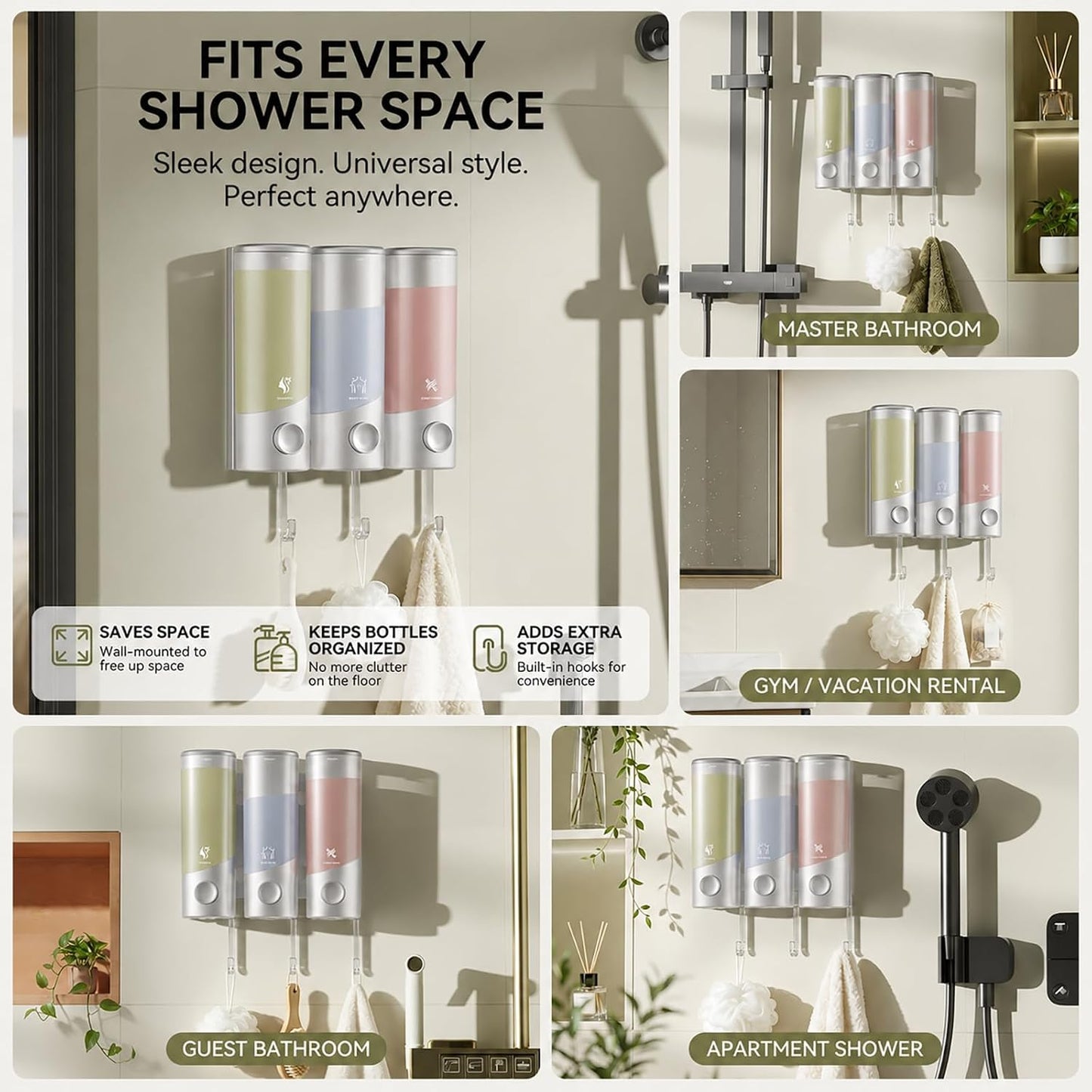 Shampoo and Conditioner Dispenser Wall Mounted with Hooks, 3-Chamber 1200ML Shower Soap Dispenser, No-Drill Bathroom Shower Organizer for Shampoo, Conditioner, Body Wash（Gun Grey）