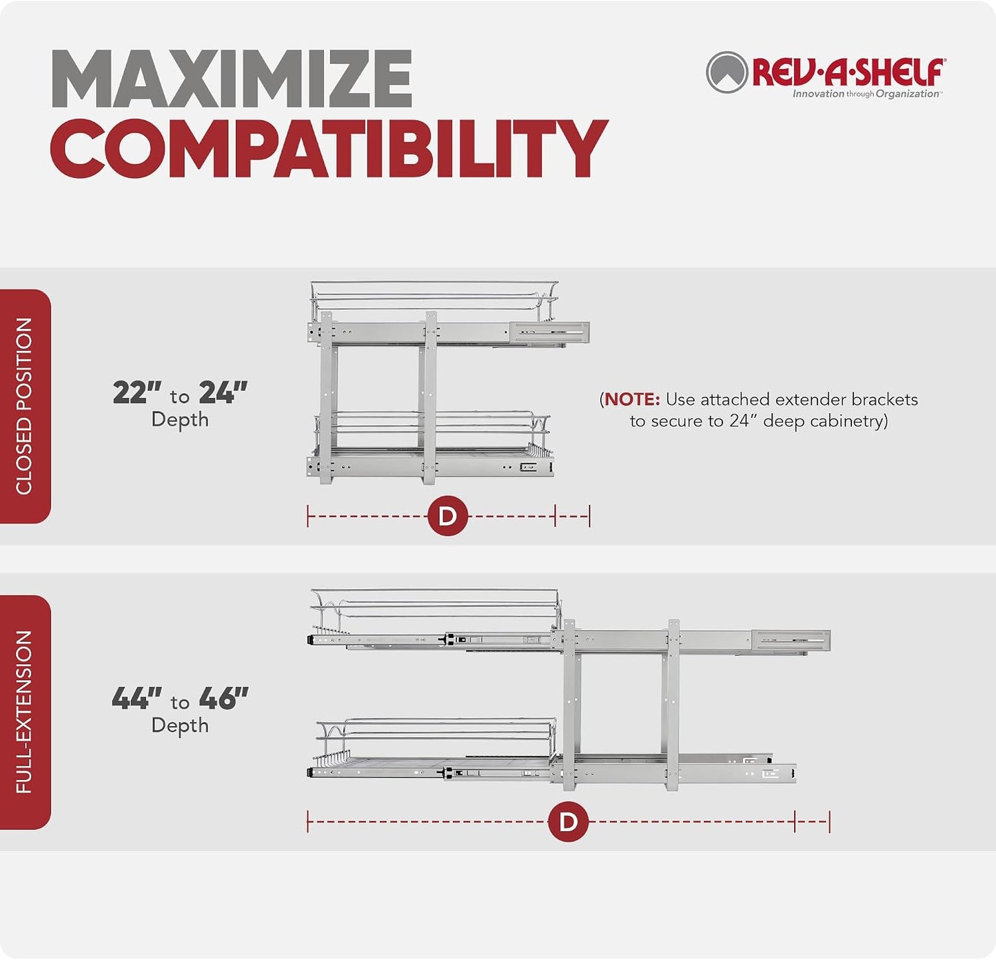 Rev-A-Shelf Pullout Organizer for Cabinets, Min Opening Width of 18" | STwo-Tier Steel Shelf for Kitchen or Vanity Cabinet Organization, Heavy Gauge Wire Slide Out Storage Basket, 5WB2-1822CR-1