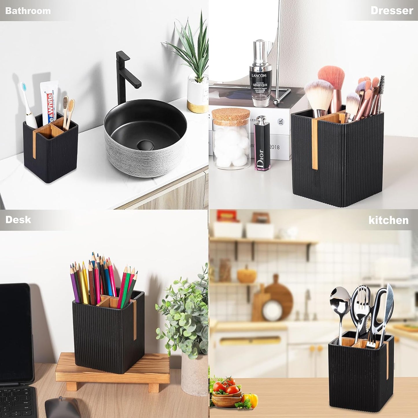 Toothbrush Holders for Bathroom, Bamboo Electric Toothbrush Stand, White | Toothbrush and Toothpaste Organizer for Sink Countertop, Bathroom Storage Stand for Brushing Accessories