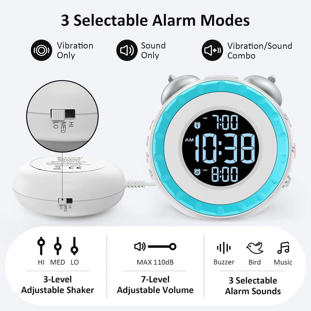 uscce Loud Dual Alarm Clock with Powerful Adjustable Bed Shaker