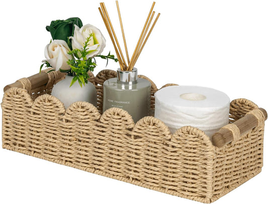 CubesLand Scalloped Toilet Paper Storage Basket W/Handle for Home Decor | Paper Rope Toilet Organizer Basket for Countertop, Over Toilet Shelf, End Table, Living Room, Bedroom Decor & More, Neutral