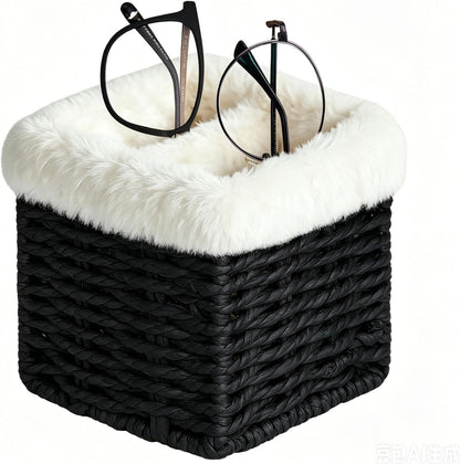 Glasses Holder, Paper Rope Plush Lined Eyeglass Holder Stand 2 slots Eyeglasses Storage Organizer for Nightstand Desk