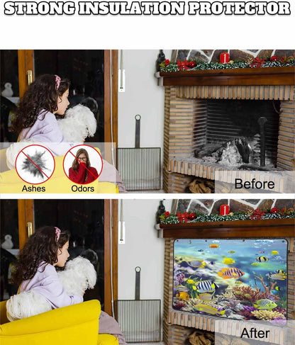 Coastal Magnetic Fireplace Cover, Fireplace Draft Blocker, Fish Nautical Summer Beach Ocean Fireplaces Blanket for Heat Loss/Cold Air, Fireplaces Draft Stopper Cover for Inside 45"x34"