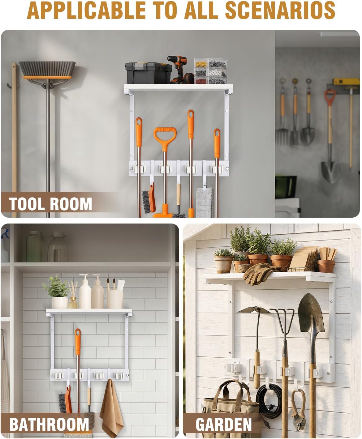 Large Broom Holder Wall Mount with Shelf, Vacuum Organizer, 5 Slots 5 Hooks | Black, 3-In-1 Wall Mount Stores Brooms/Mops/Vacuum, Cleaning Supplies With 5 Grippers/5 Hooks And A Sturdy Wooden Top Shelf