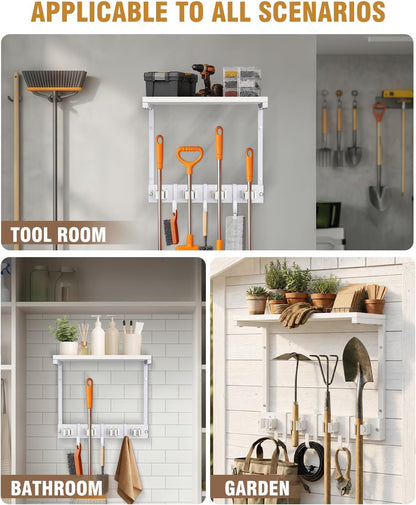 Large Broom Holder Wall Mount with Shelf, Vacuum Organizer, 5 Slots 5 Hooks | Black, 3-In-1 Wall Mount Stores Brooms/Mops/Vacuum, Cleaning Supplies With 5 Grippers/5 Hooks And A Sturdy Wooden Top Shelf