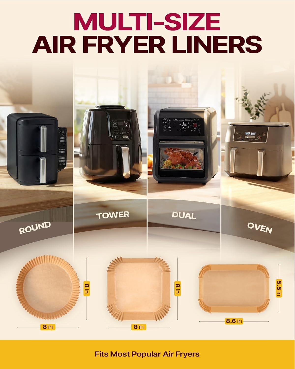 Katbite Air Fryer Liners, 8.6 x 5.5 Inch for Dual Basket Fryers, 220 Count | Disposable oil-proof parchment liners for dual basket air fryers; Compatible with Foodi DZ201, DZ401 and FG551 models.