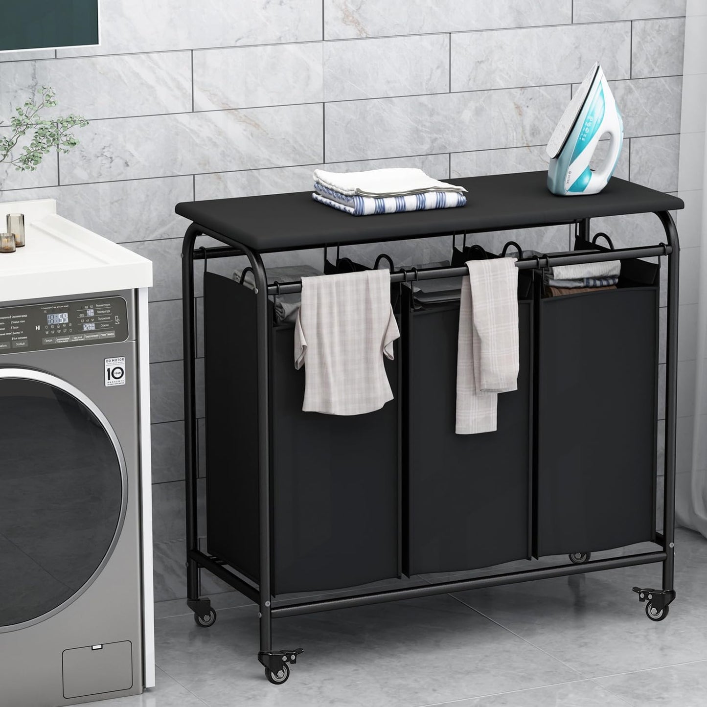 LINZINAR 3 Section Laundry Hamper, Black Laundry Basket 135L Laundry Sorter | Laundry Room Organization with Heavy Duty Rolling Lockable Wheels and Removable Bag, Bedroom Laundry Cart for Clothes Storage