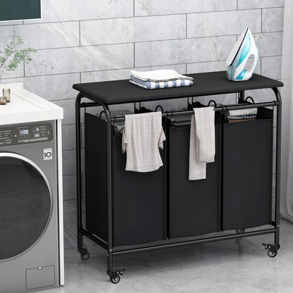 LINZINAR 3 Section Laundry Hamper, Black Laundry Basket 135L Laundry Sorter | Laundry Room Organization with Heavy Duty Rolling Lockable Wheels and Removable Bag, Bedroom Laundry Cart for Clothes Storage