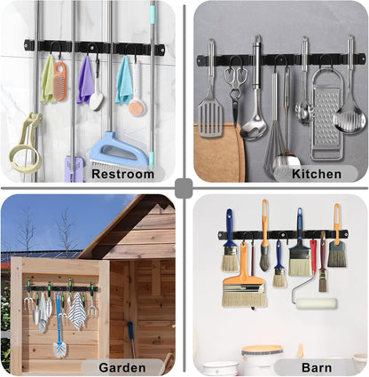 Mop Broom Holder Wall Mount, Gold Stainless Steel Tool Storage Organizer for Kitchen Garden Garage Laundry Room Bathroom and RV with 4 Slots 6 Hooks