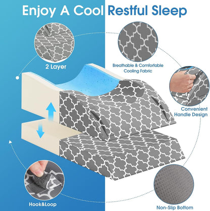 CloudBliss Leg Elevation Pillow for After Surgery, Adjustable Height Memory Foam Wedge Pillow with Cooling Ice Silk Cover, Ergonomic Leg Support for Knee, Comfort Care for Blood Circulation, Grey
