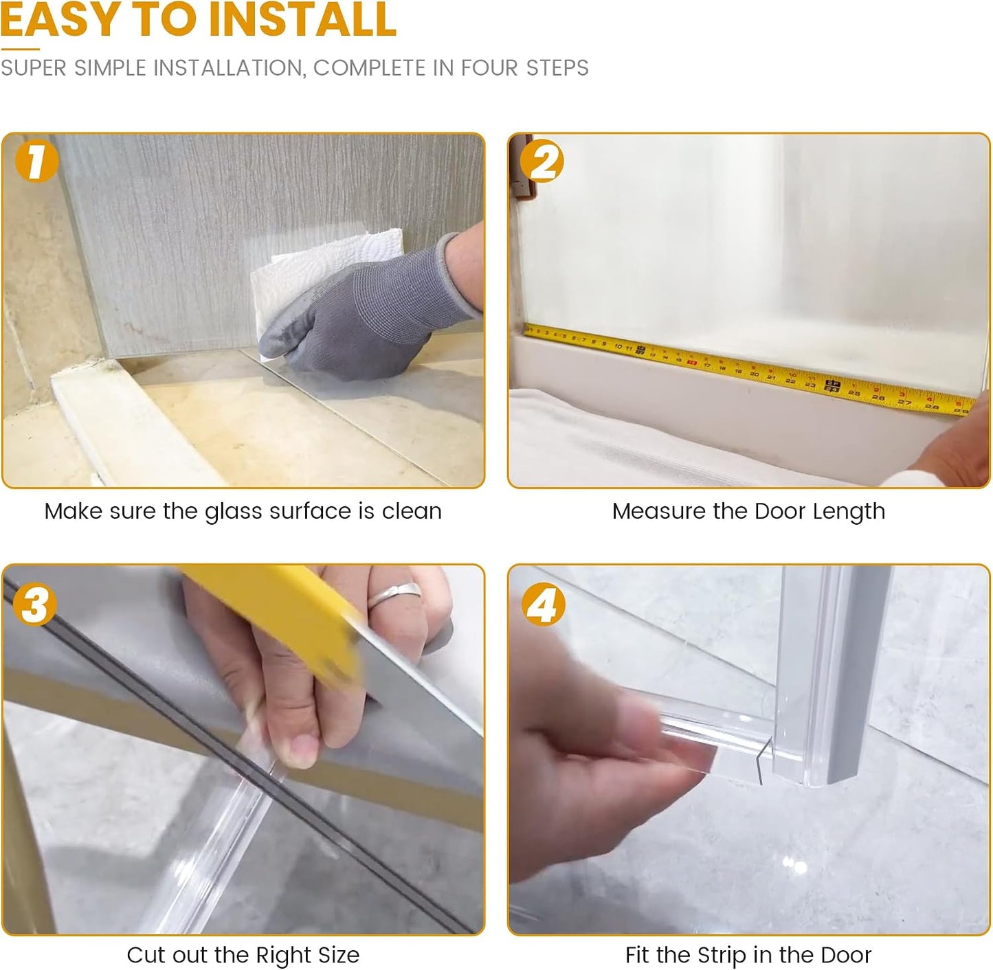 Bathroom Shower Glass Door Bottom Seal Strip, 2PCS 36 Inch Long Clear PVC Seal Strips for 5/16"(8mm) - 3/8"(10mm) Thick Framless Glass Door Panel