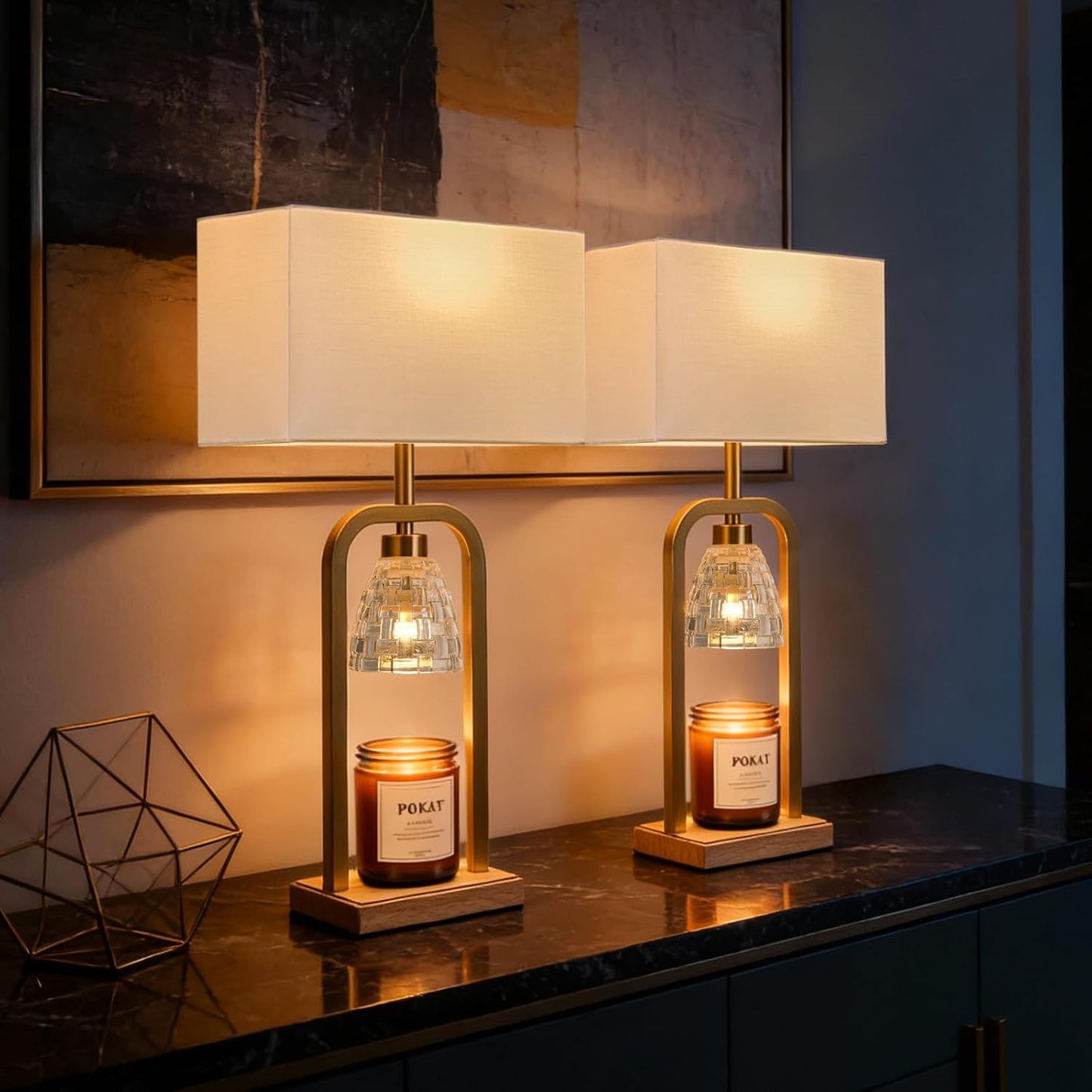 PoKat Gold Table Lamp Candle Warmer, Candle Warmer Lamp with Timer Dimmer, Wax Light Warming Table Lamp for Jar Candles, Modern Bedside Lamp for House Warming Home Decor Living Room, Bulb Included