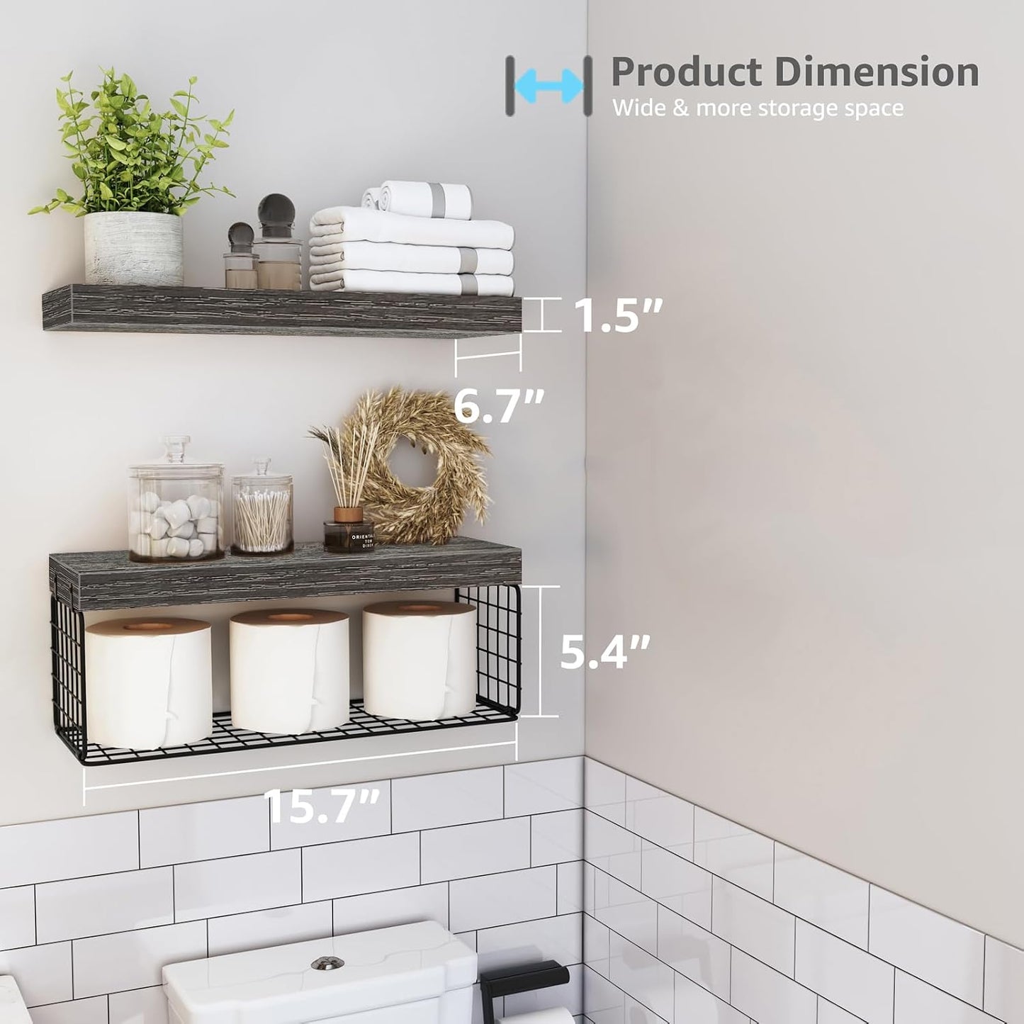 QEEIG Bathroom Shelves Over Toilet - Wall Mounted Floating Shelves Toilet Paper Storage Small Farmhouse Decor Shelf 16 inch Set of 3, Rustic Brown (019-BN3)