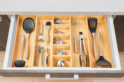 Large Expandable Kitchen Silverware Utensils Drawer Organizer, 2.5" Extra High Adjustable Drawer Divider with Curved Grooves, Bamboo Wood Cutlery Tray Flatware Holder