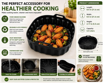 HBH Enterprises Silicone Air Fryer Liner for 5–6 QT Air Fryers, Reusable Food Grade Silicone Basket, Non-Stick, Dishwasher Safe, Heat Resistant to 450°F, Air Fryer Accessory, Black