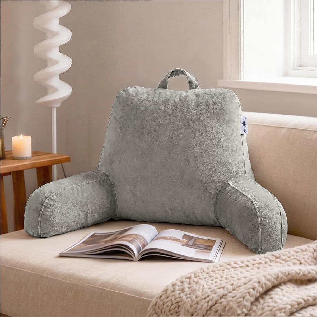 Reading Pillow with Adjustable Memory Foam,Adult Backrest with Arms, Back Pillow for Sitting in Bed with Washable Cover- Large, Gray
