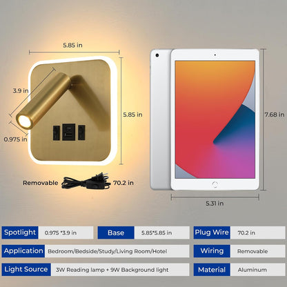 Wall Sconce Plug in with Wall Mounted Reading Lights,Modern Wall Lamp for Bedroom with Charging Station USB C+A Ports,Headboard Bedside Lamps with 3W+9W Night Light,3 Color Temperature