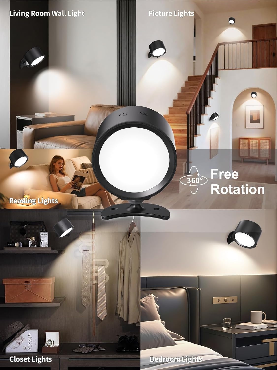 LANMEL LED Wall Mounted Lights,360° Rotating Rechargeable Wall Sconce Lamp | Gold,3CCT,Dimmable,with Remote & Touch Control,USB Wireless Wall Lamp, Suitable for Study,Bedroom,and Bedside Reading