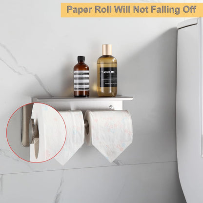 BGL Toilet Paper Holder with Shelf Matte Black, 304 Stainless Steel Wall Mount Toilet Tissue Roll Holder with Double Post for Bathroom, Commercial Toilet Paper Dispenser with Phone Shelf