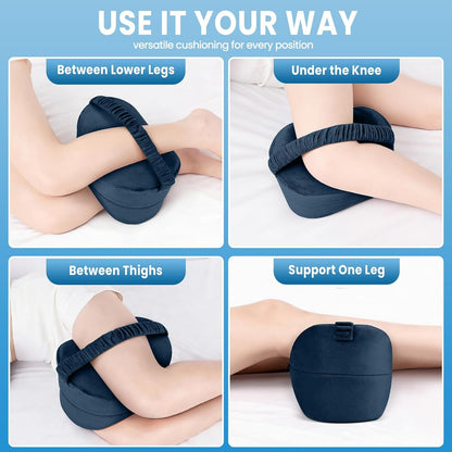 Knee Pillow for Side Sleepers with Strap, Supportive Memory Foam Leg Pillow for Side Sleeping & Spine Support, Ergonomic Curved Design for Hips and Back, Light Grey