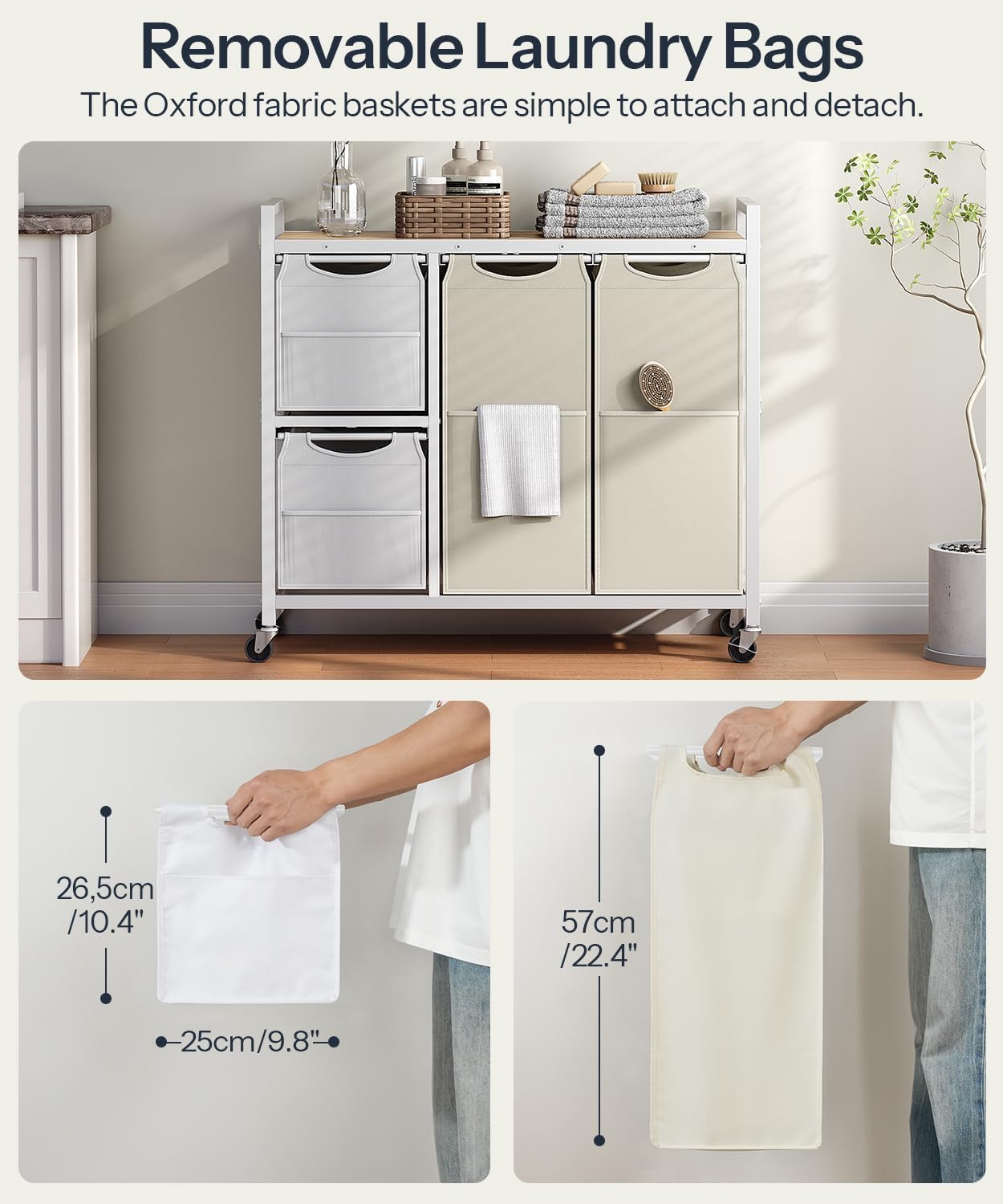 HOOBRO Laundry Sorter with 4 Section, 39 Gal. (147 L) Laundry Hamper with Wheels, Rolling Laundry Basket with Shelf, Pull-Out Detachable Bags, Side Pockets, Rustic Brown, Black and Beige BFE14XY01N1