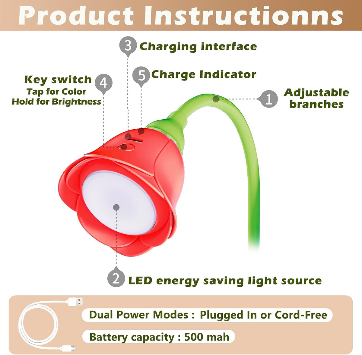 Rose Flower Lamp Rechargeable Reading Light for Bed,3-Color Modes Adjustable Brightness Small Night Light Neck Reading Light,Festival Gifts for Kids Mom Girlfriend Grandma(Orange-red)