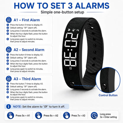 Vibrating Alarm Wristband for Heavy Sleepers with 3 Alarms | Silent Wrist Vibration / Ideal for Couples, Roommates and Shift Workers / Dorms and Travel