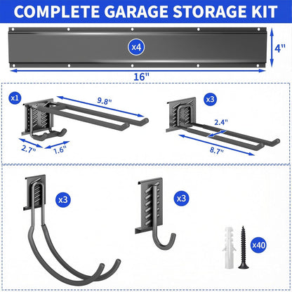 Garage Tool Organizer Wall Mount, 48 Inch Heavy Duty Garden Tool Organizer Storage System, Easy Install with 6 Adjustable Straight Hooks, for Garage, Basement, Shed, Workshop, Black, Steel
