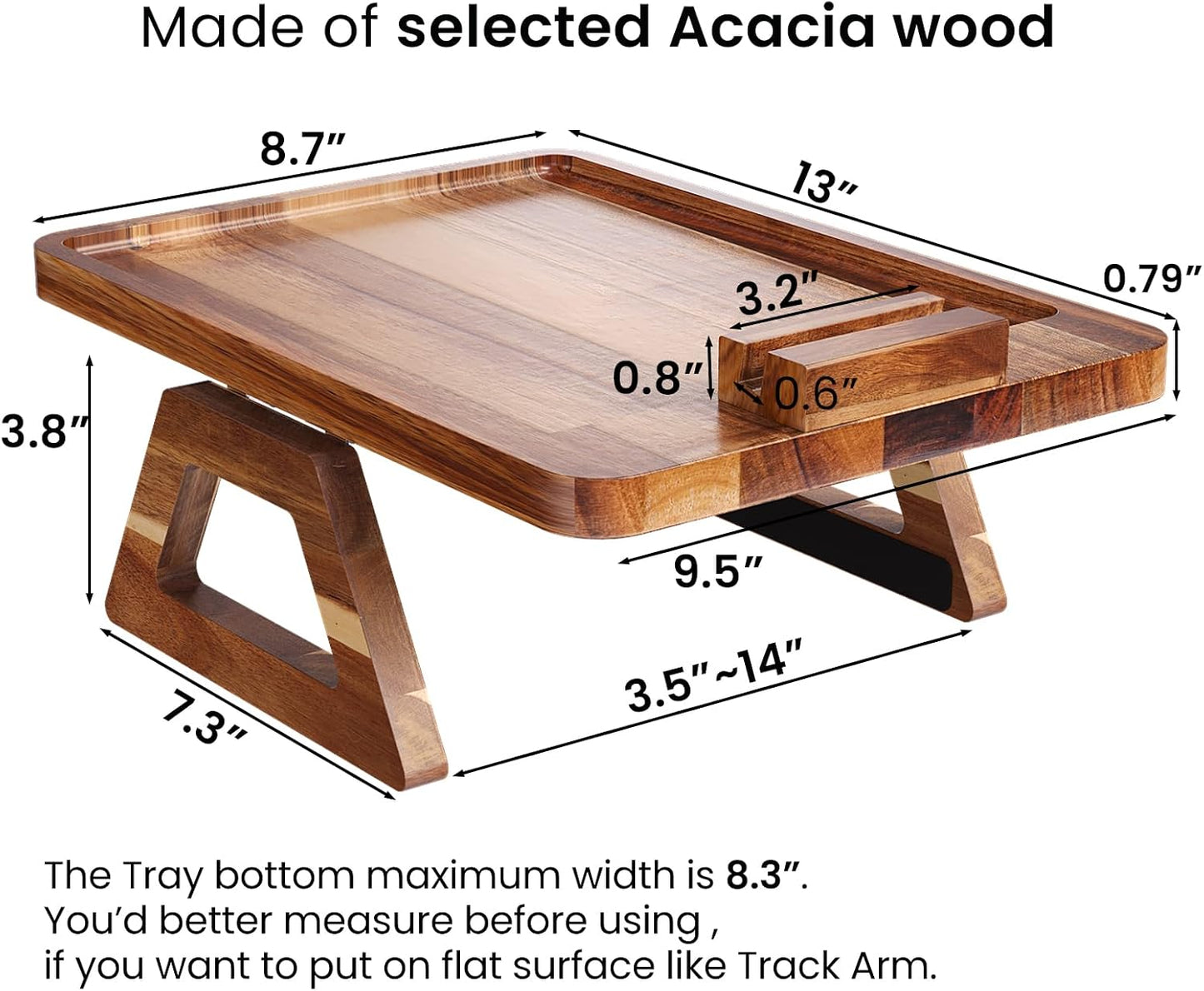 Acacia Wood Couch Arm Tray，Folding Sofa Armrest Table | Clip-On Couch Desk,Foldable, Non-slip,No Assembly，for Drinks Snacks Phone，Remote Control