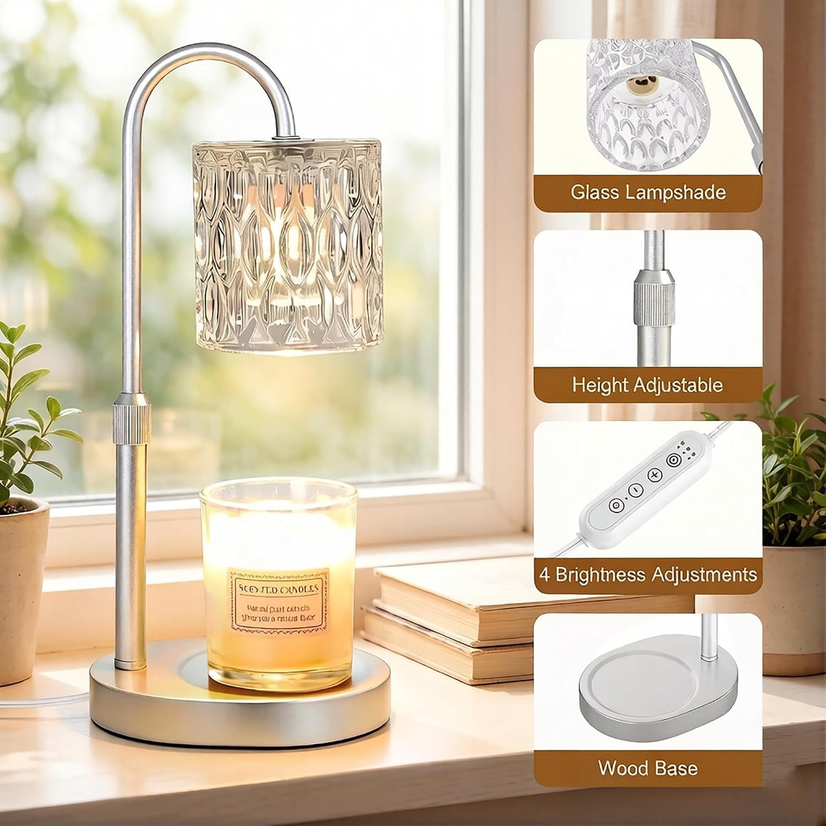 Dreamholder Electric Candle Warmer Lamp with Timer, Dimmable Candle Lamp with Adjustable Height, Wax Melter for Jar Candles Wood Base Floral Home Decor Gifts for Women Mom, Silver Glass
