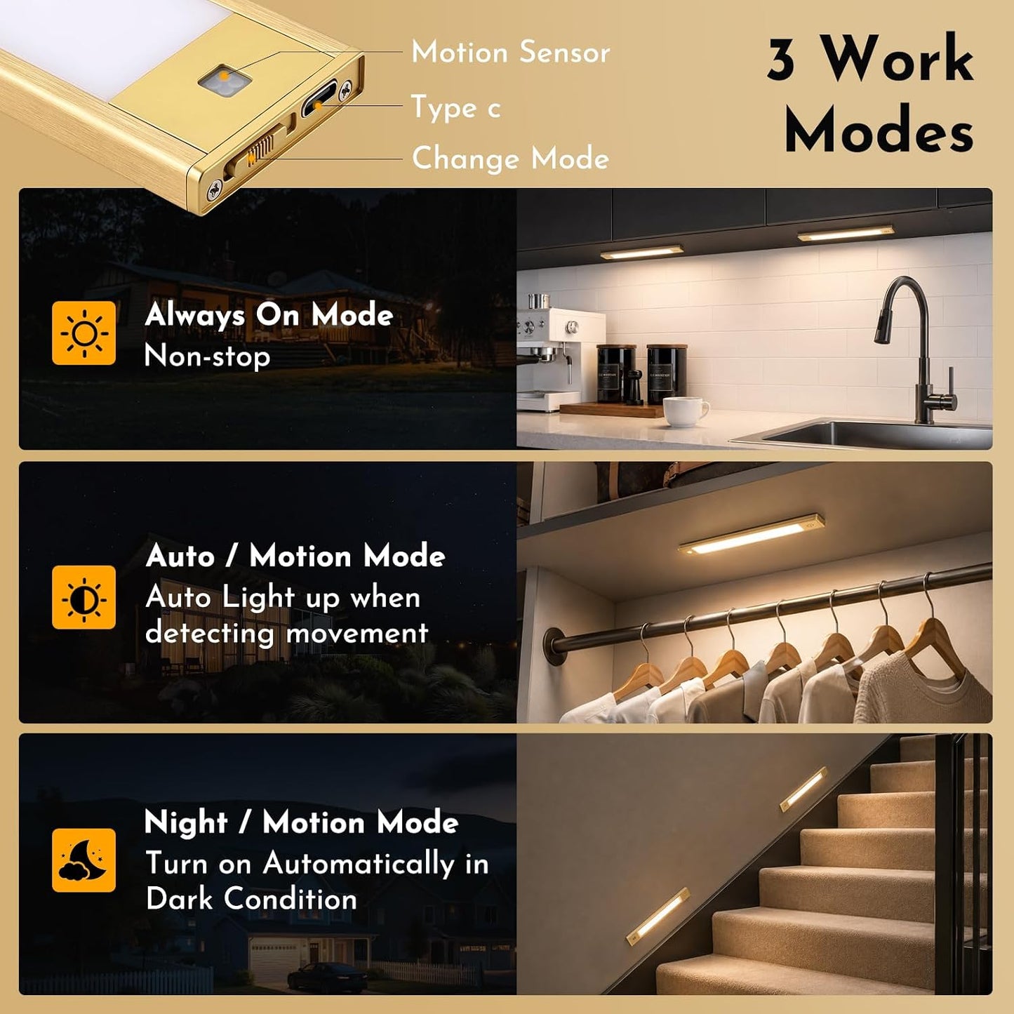 V4light Motion Sensor Cabinet Light, Rechargeable, Dimmable, 2Pcs, 9in | Gold aluminum, magnetic wireless, 1800mAh, 3 color temps & dimmable, ideal for kitchen cabinets, shelves & closets