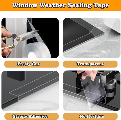Window Sealing Tape 2 Inch x 33 FT Transparent Window Draft Insulation Residue-Free Clear Weather Stripping Caulk Tape Windproof Weatherproof Window Seal AC Units for Window Glass, Doors Gaps