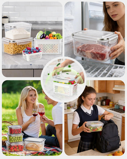 5 Pack Fruit Storage Containers for Fridge Berry Keeper Produce Saver | Leak-proof Food Container Set with Colander Veggie Keep Fresh BPA Free Plastic Refrigerator Organizer Freezer Dishwasher Safe