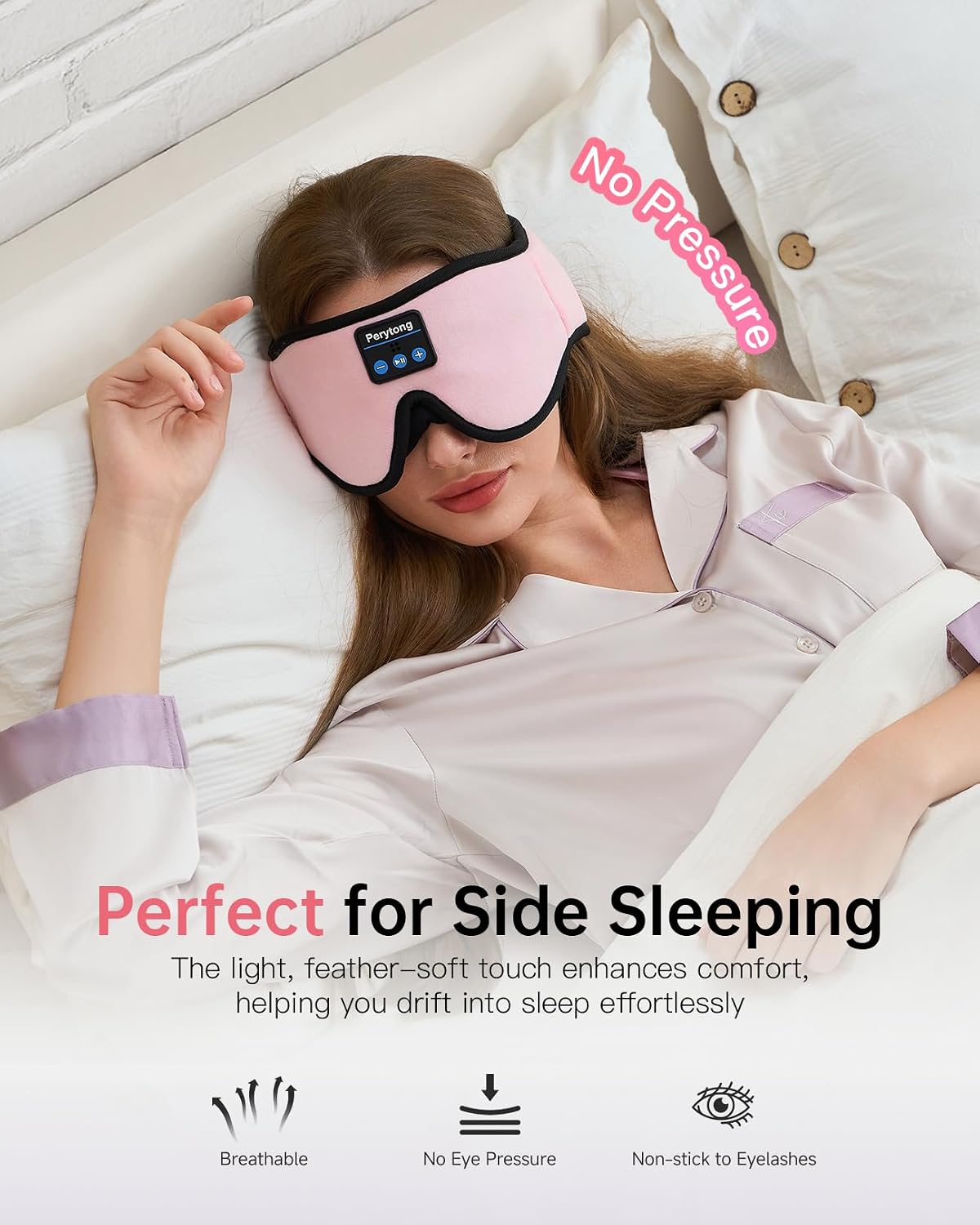 Perytong Sleep Mask with Bluetooth 5.4 Headphones, Wireless Music Sleep Eye Mask for Side Sleepers, 3D Contoured Comfort & Built-in HD Stereo Earphones, Blackout for Travel (Peach Pink)