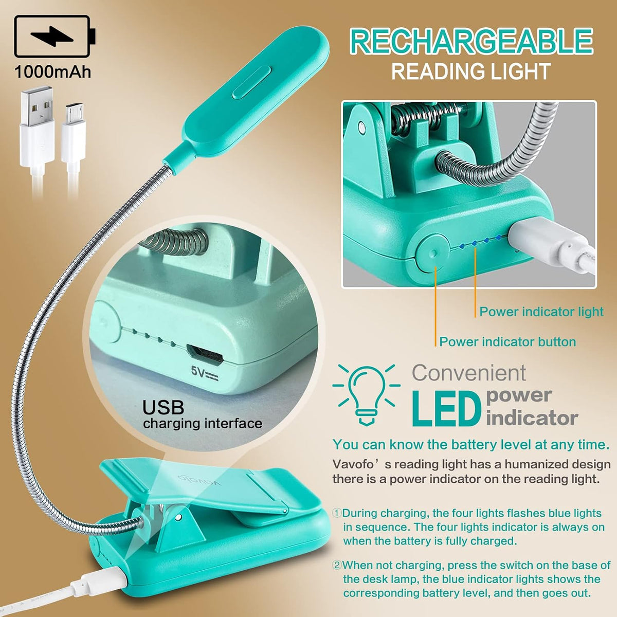 VAVOFO Rechargeable Reading Light, Clip on Book Light for Reading in Bed