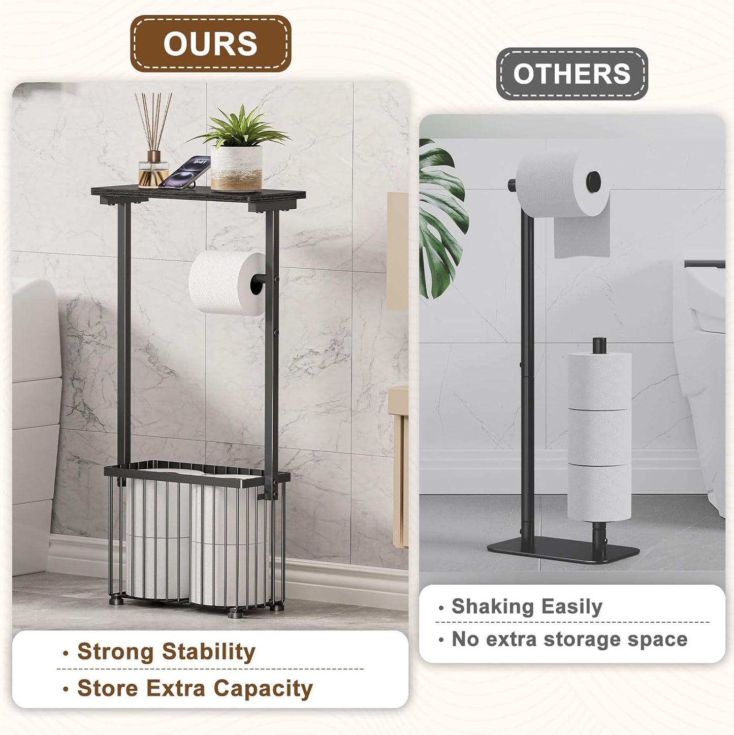 Freestanding Toilet Paper Holder with Storage Shelf | Bathroom Tissue Stand with Space for Phone, Tablet, and Magazines – All-in-One Toilet Roll Dispenser and Organizer