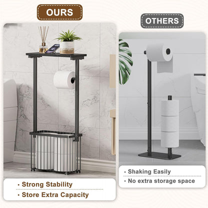 Freestanding Toilet Paper Holder with Storage Shelf | Bathroom Tissue Stand with Space for Phone, Tablet, and Magazines – All-in-One Toilet Roll Dispenser and Organizer