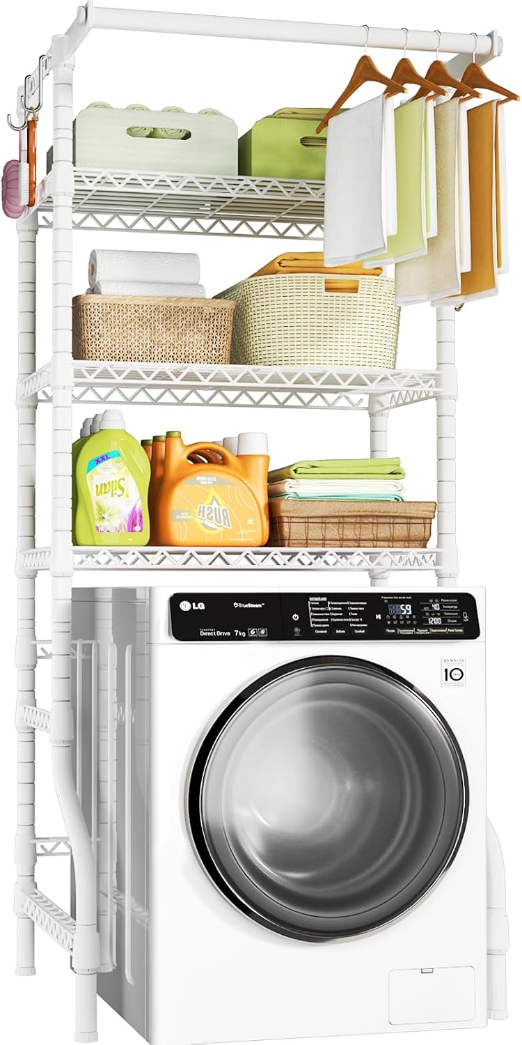 U11 Over Washer and Dryer Shelves, 3 Tiers Laundry Room Storage and Organizer Standing Shelf, Metal Freestanding Clothes Drying Rack, 33.9" W x 19.7" D x 77.6" H, Black