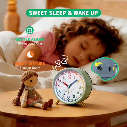 Kids Alarm Clock, Silent Non-Ticking, Analog Learning Clock for School Beginners, Stylish Round Metal Clock, Easy to Read, Battery Operated, Loud Ringing Back to School Gifts