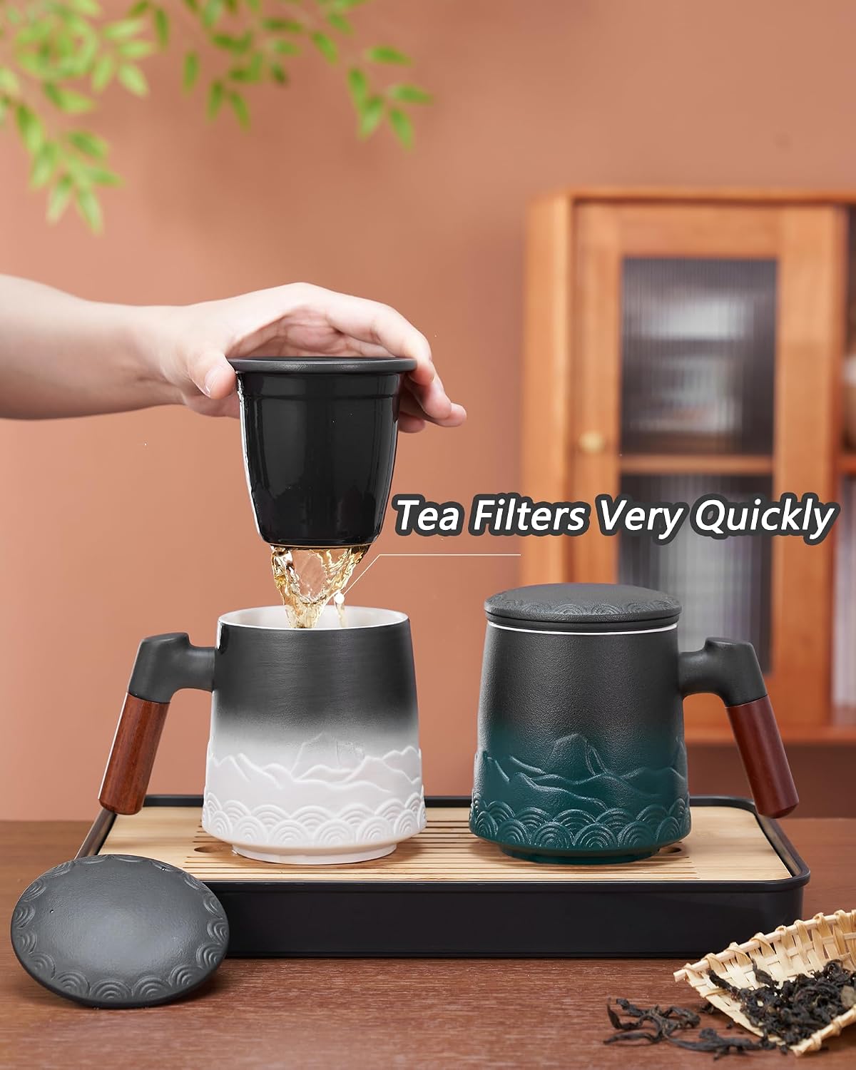 ZENS Tea Mug with Infuser and Lid for Loose Leaf Tea Steeper, 16.9oz Moss | Embossed Ceramic Tea Cup with Infuser for Herbal Tea Difussers, Tea Lovers Gifts, Nature Wood Handle
