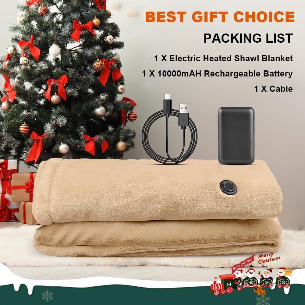 Heated Blanket Battery Operated with Fleece Lining 7.4V 16000mAh Battery 62" x 35" Heated Shawl Wraps for Women Men Cordless USB Outdoor Portable Electric Blanket 6 Heating Zones Khaki